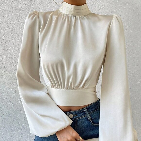 Beige Preppy Womens Tie Backless Lantern Sleeve Crop Blouse - Picture 3 of 5